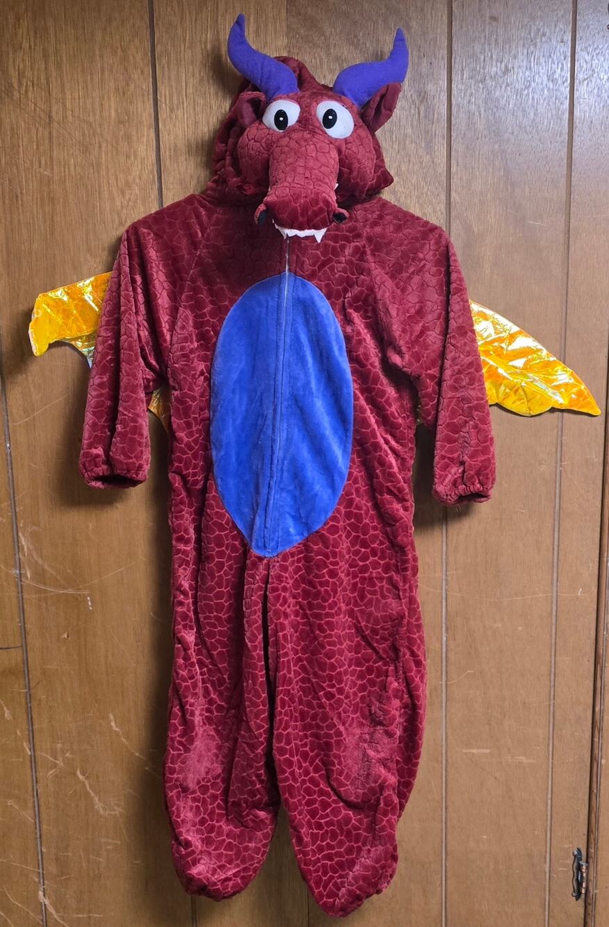 Kids Dragon Costume Size 7-8 Red Plush Hooded Jumpsuit Wings Tail Halloween